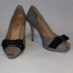 Salvatore Ferragamo Houndstooth Peep Toe Pumps, 8, black and white